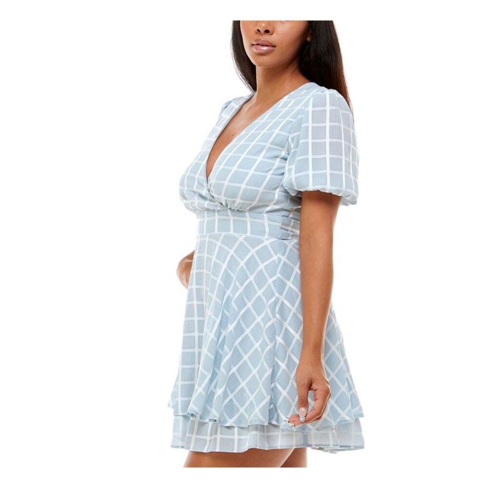 B DARLIN Womens Mini Dress Light Blue Tie Short Sleeve Lined Juniors 7\8 - Picture 3 of 4